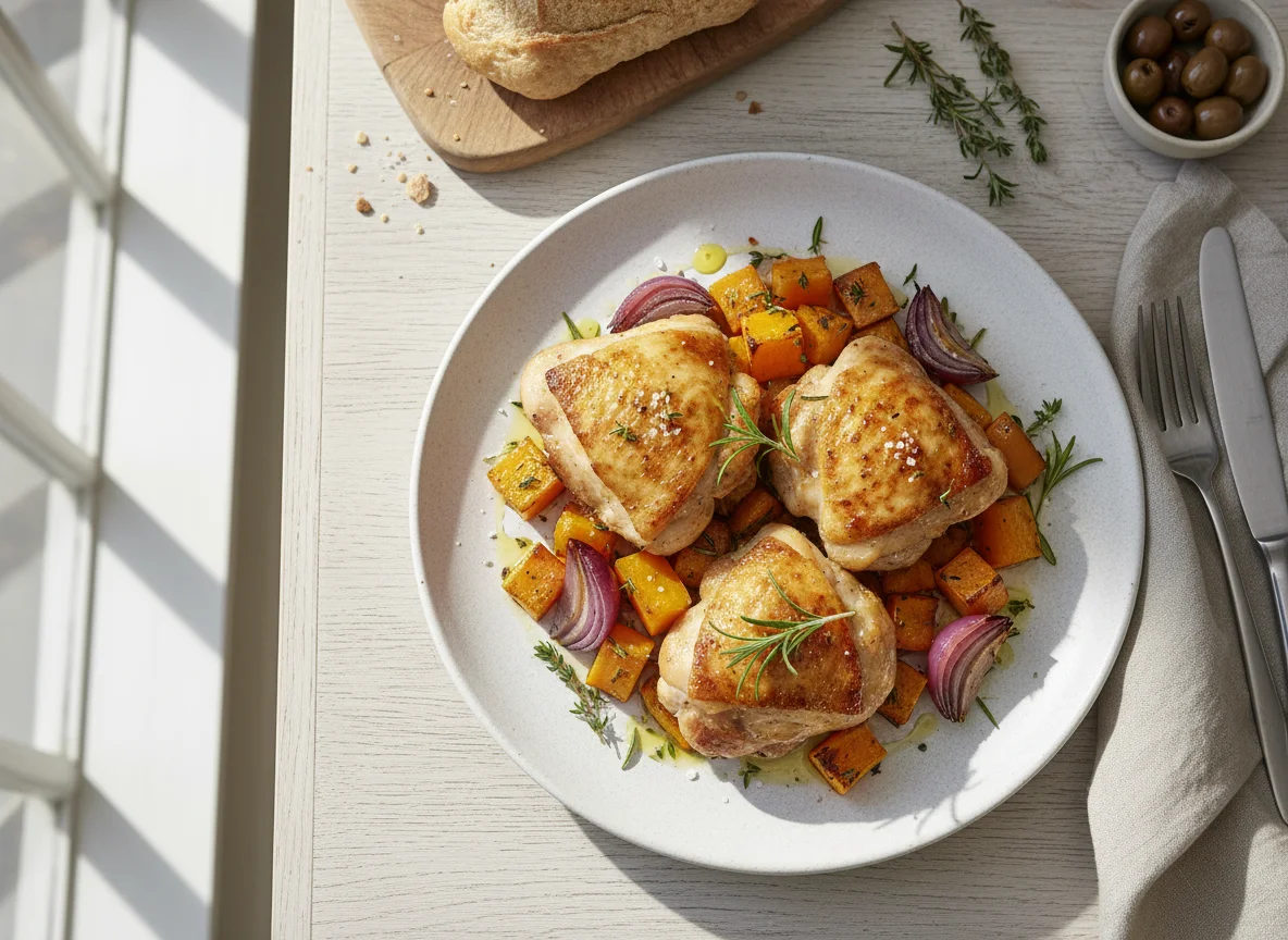Roasted Chicken Thighs with Butternut Squash and Onions photo