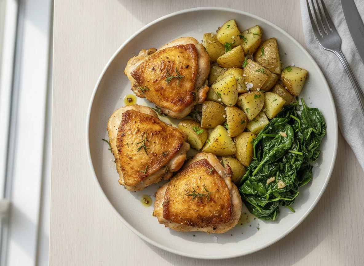 Roasted chicken thighs with crushed potatoes and spinach photo