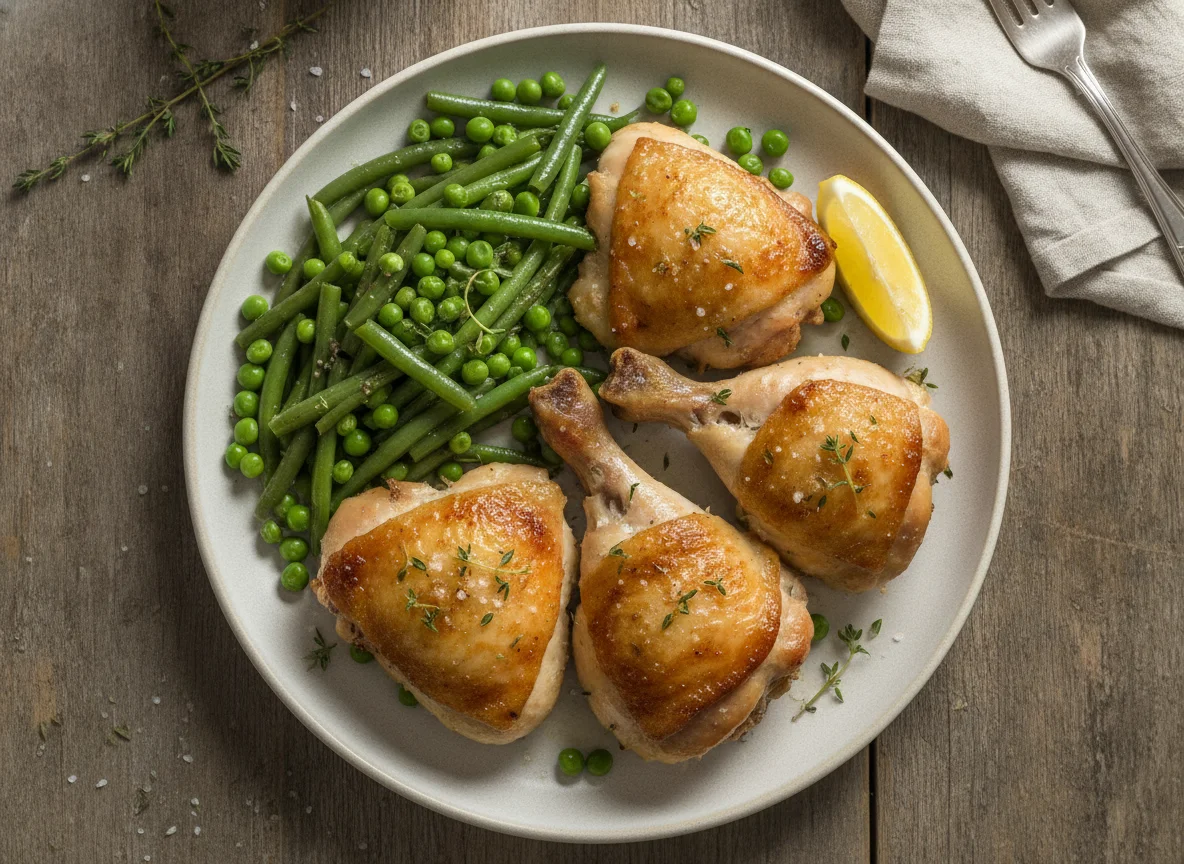 Roasted chicken thighs with green beans and peas photo