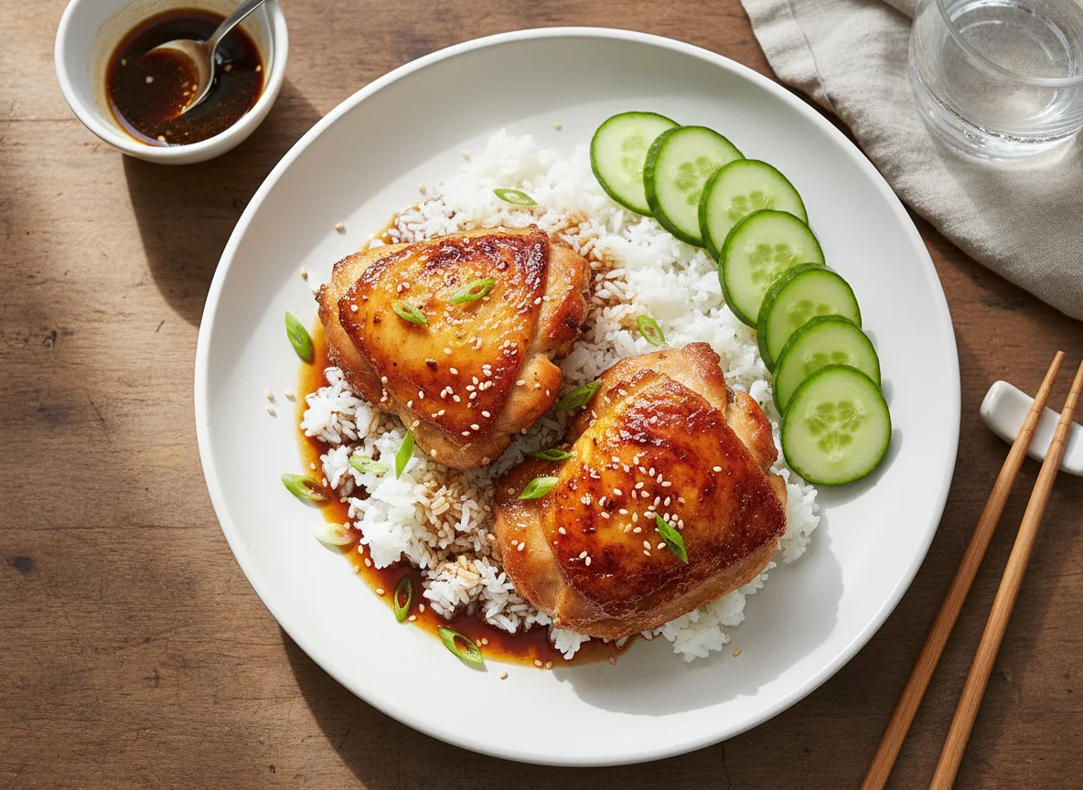 Roasted Chicken Thighs with Rice and Cucumber photo