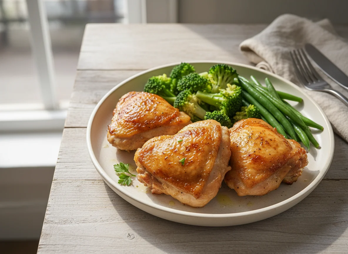 Roasted chicken thighs with steamed broccoli and green beans photo