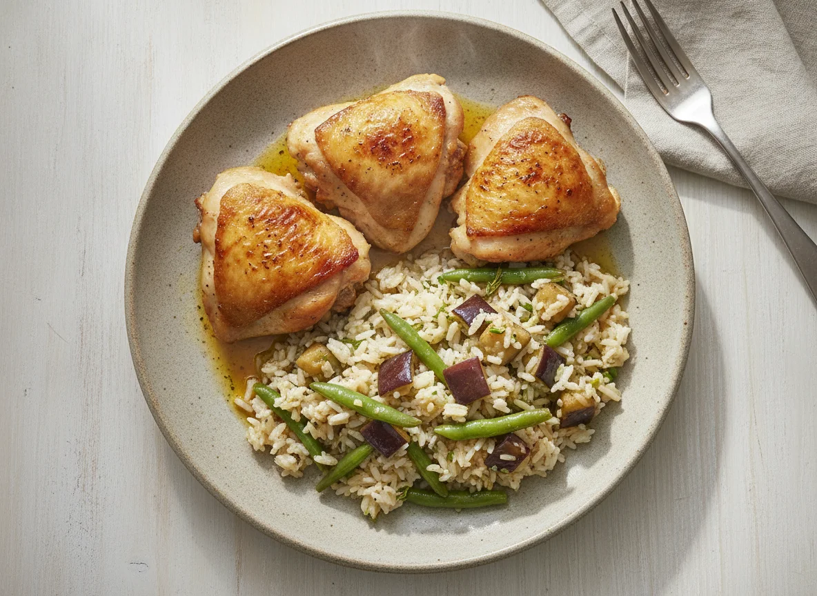 Roasted chicken thighs with vegetable rice photo