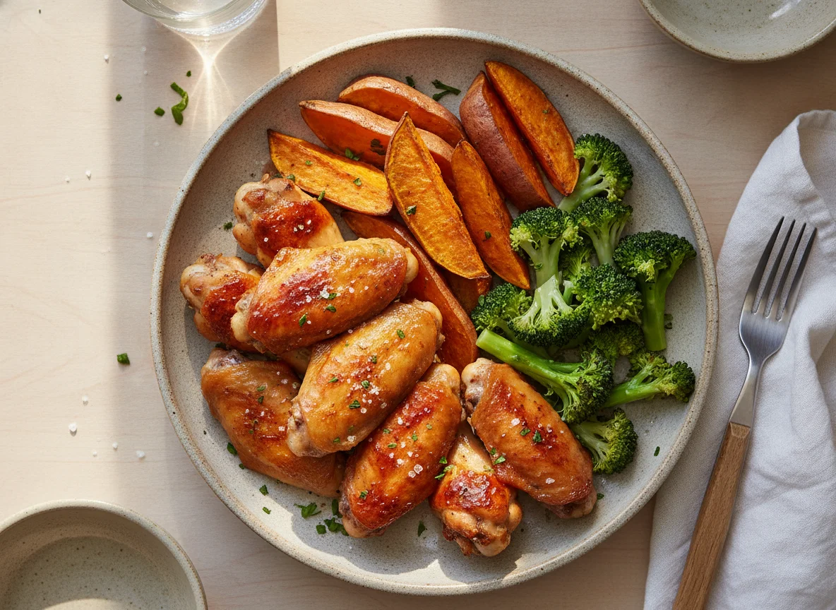 Roasted Chicken Wings with Sweet Potato and Broccoli photo