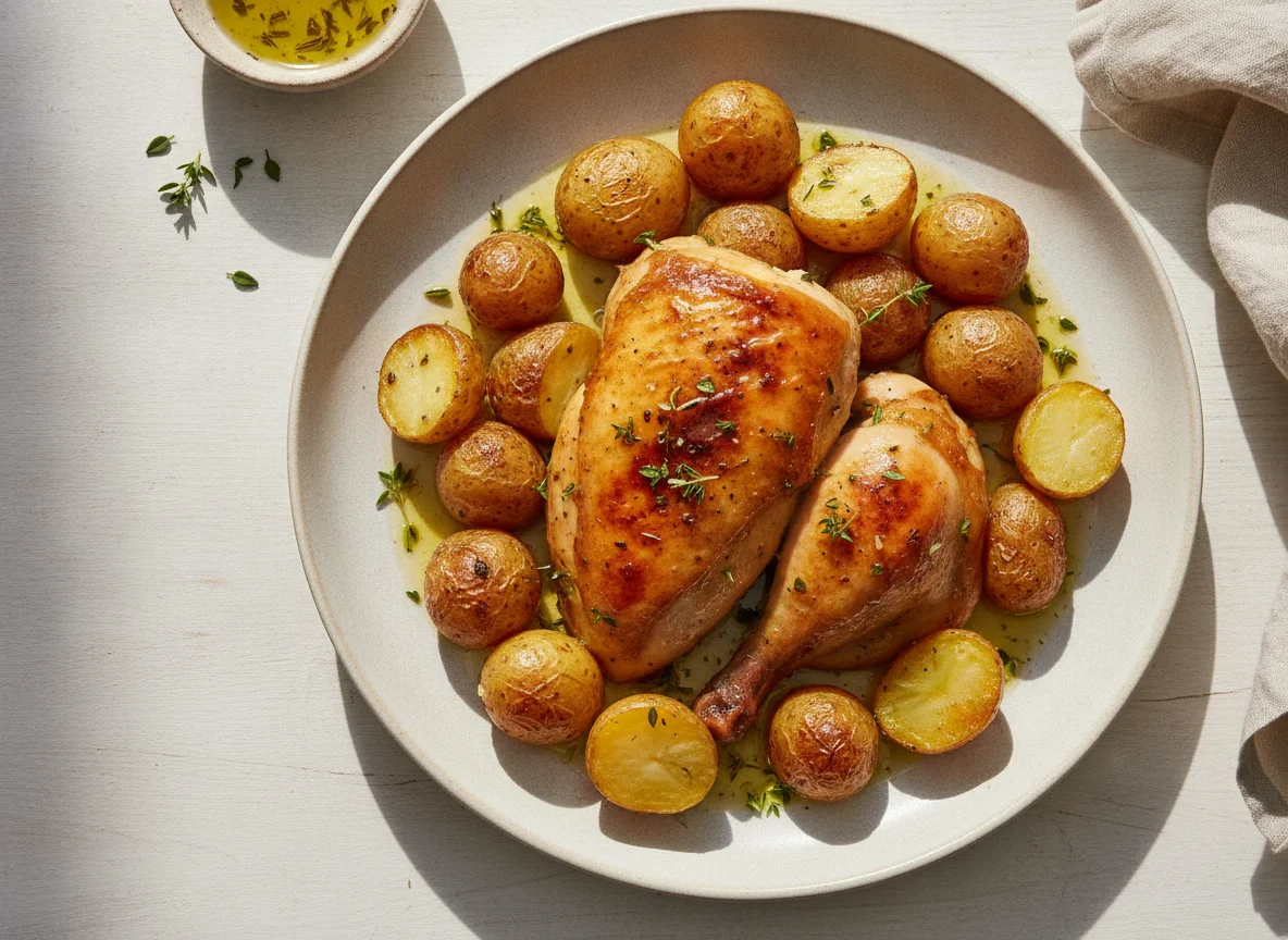 Roasted chicken with baby potatoes photo