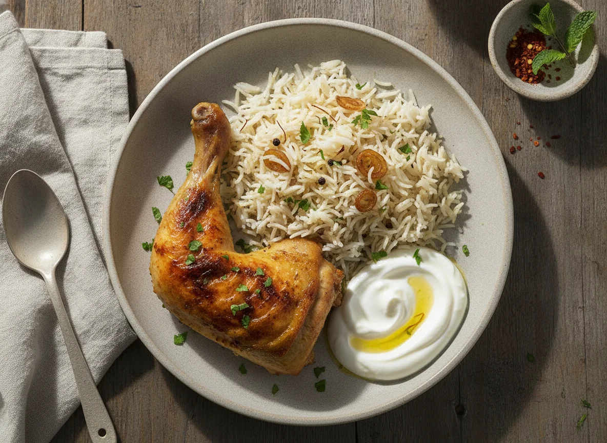 Roasted chicken with basmati rice and yogurt photo