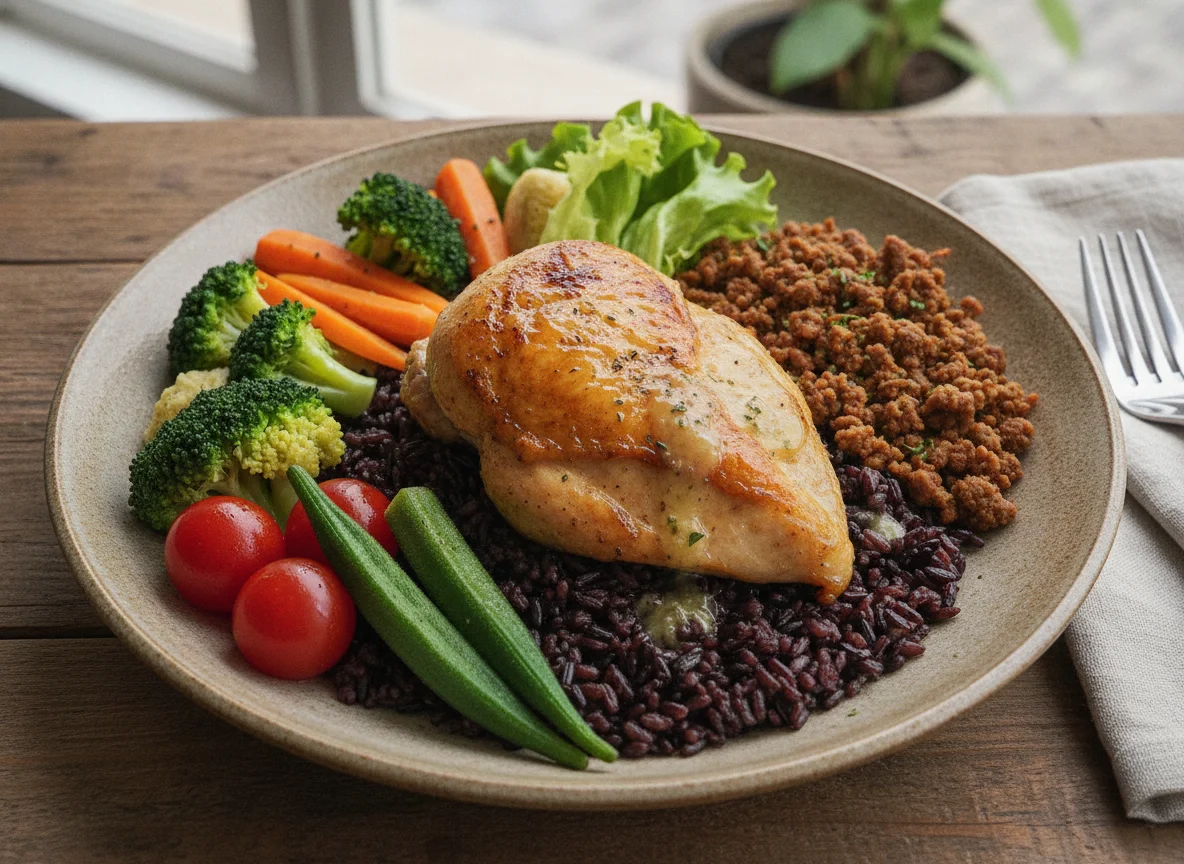 Roasted Chicken with Black Rice, Ground Beef, and Steamed Vegetables photo