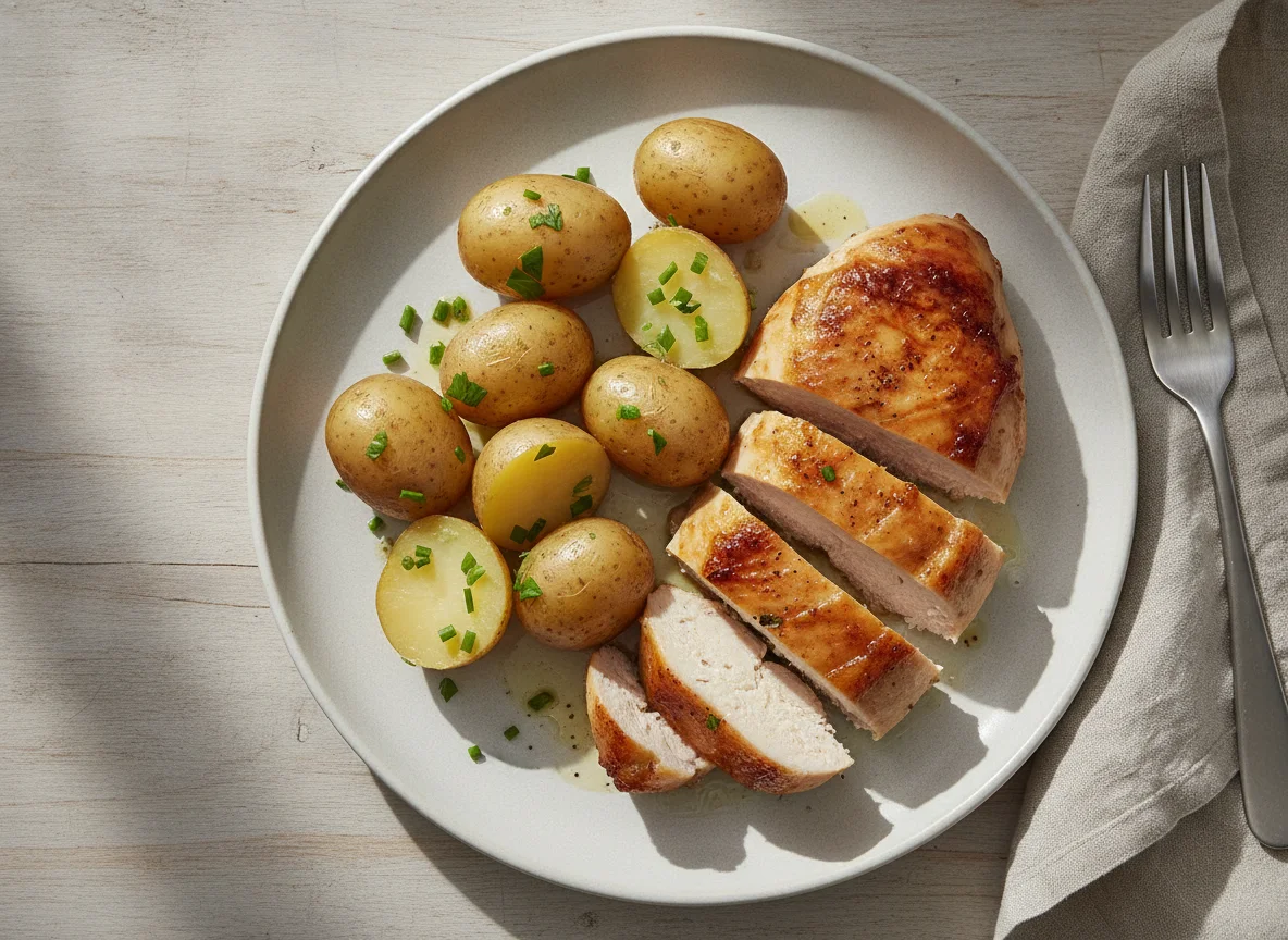Roasted chicken with boiled potatoes photo