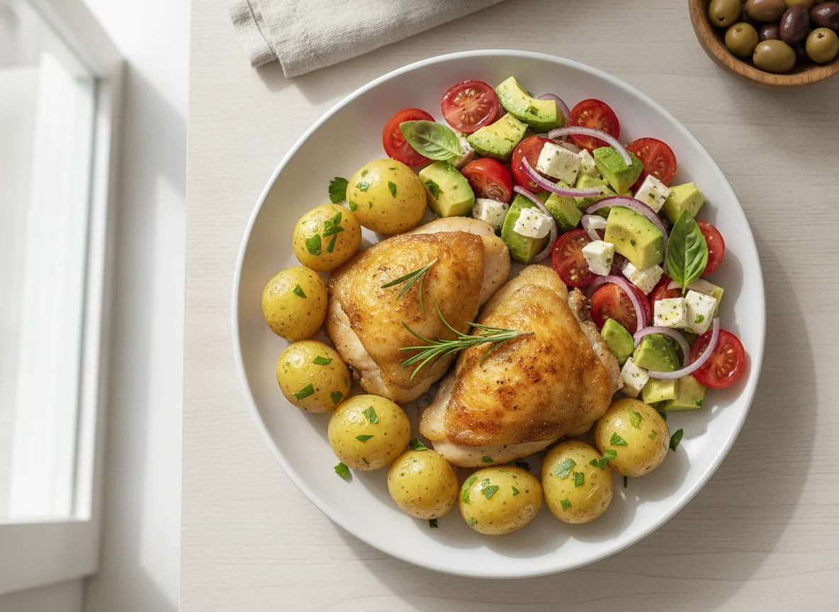Roasted chicken with boiled potatoes and tomato avocado salad photo