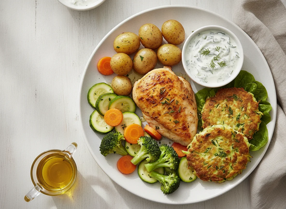 Roasted chicken with boiled vegetables and tzatziki photo