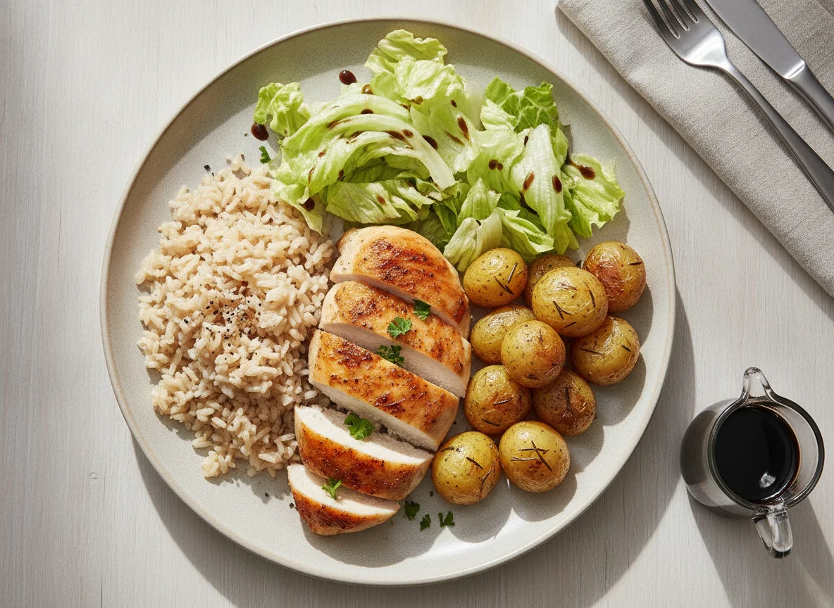 Roasted Chicken with Brown Rice, Potatoes, and Salad photo