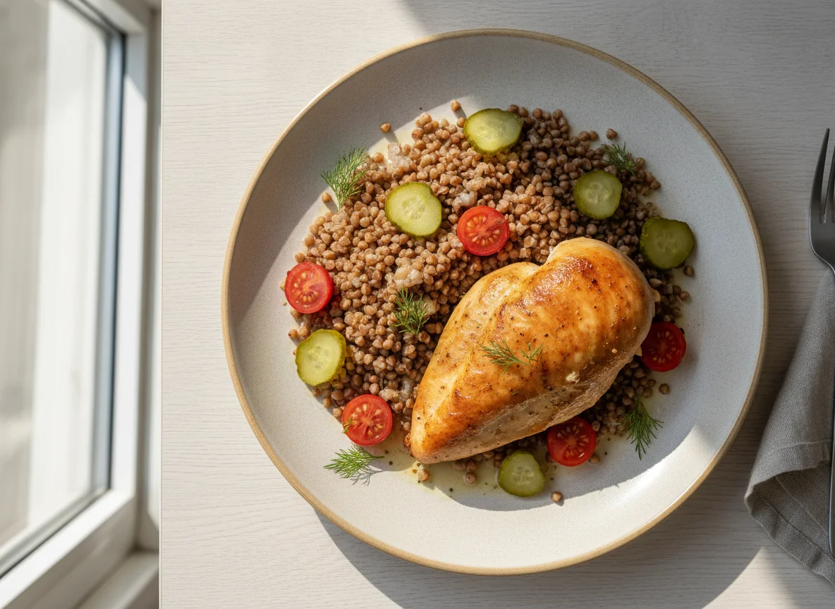 Roasted chicken with buckwheat and vegetables photo