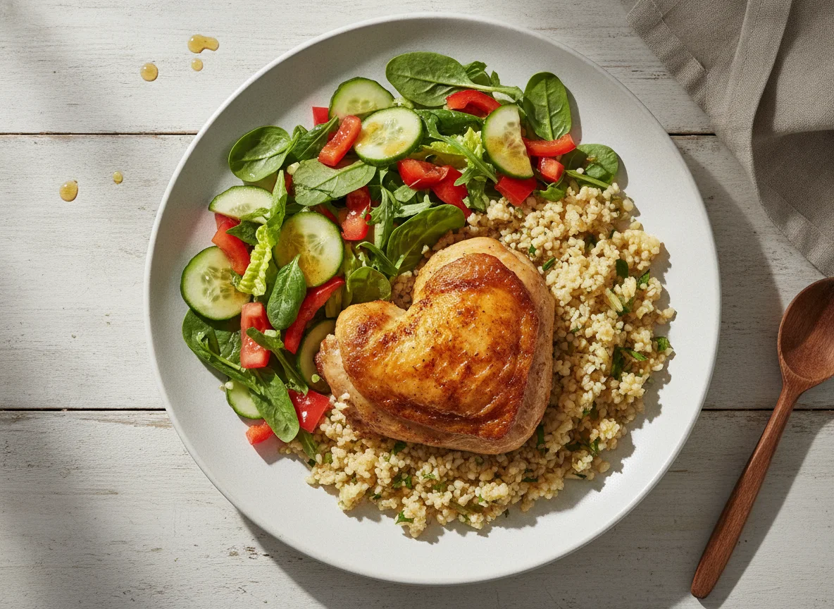 Roasted chicken with bulgur and mixed salad photo