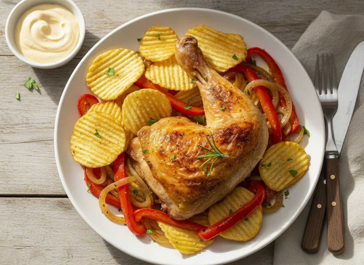Roasted Chicken with Chips and Peppers photo