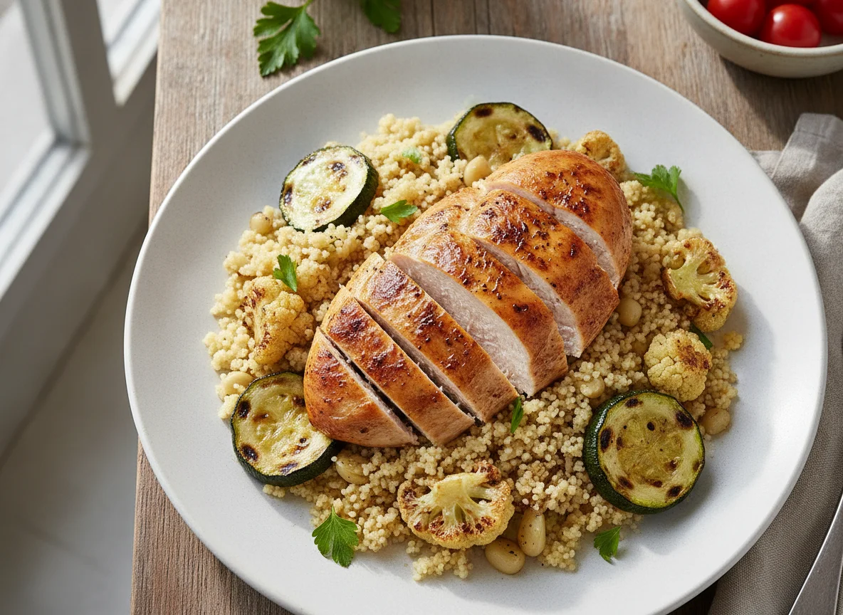 Roasted chicken with couscous and vegetables photo
