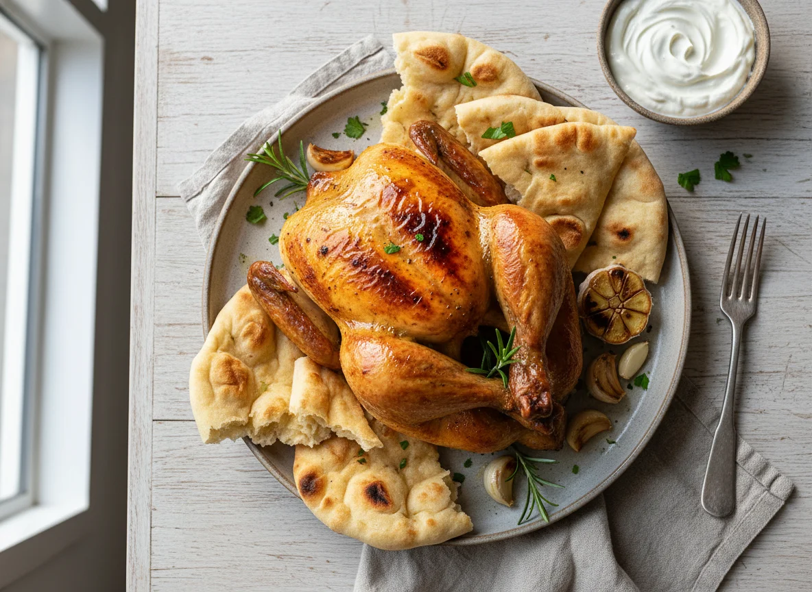 Roasted Chicken with Flatbread and Garlic Sauce photo