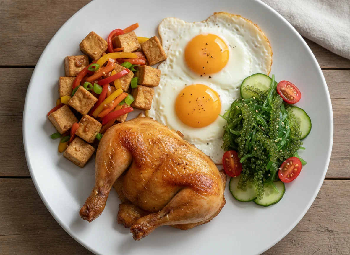 Roasted Chicken with Fried Eggs, Tofu Stir-fry, and Seaweed Salad photo