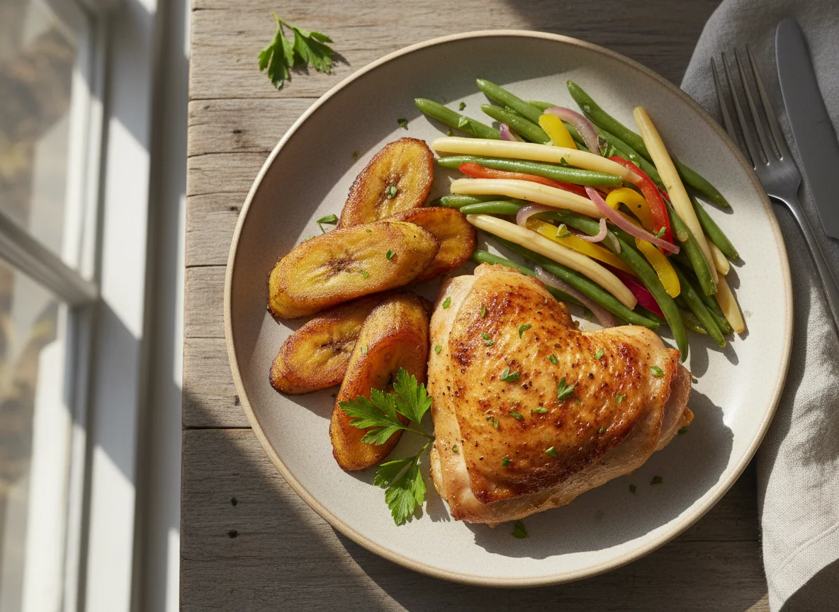 Roasted Chicken with Fried Plantain and Green Beans photo
