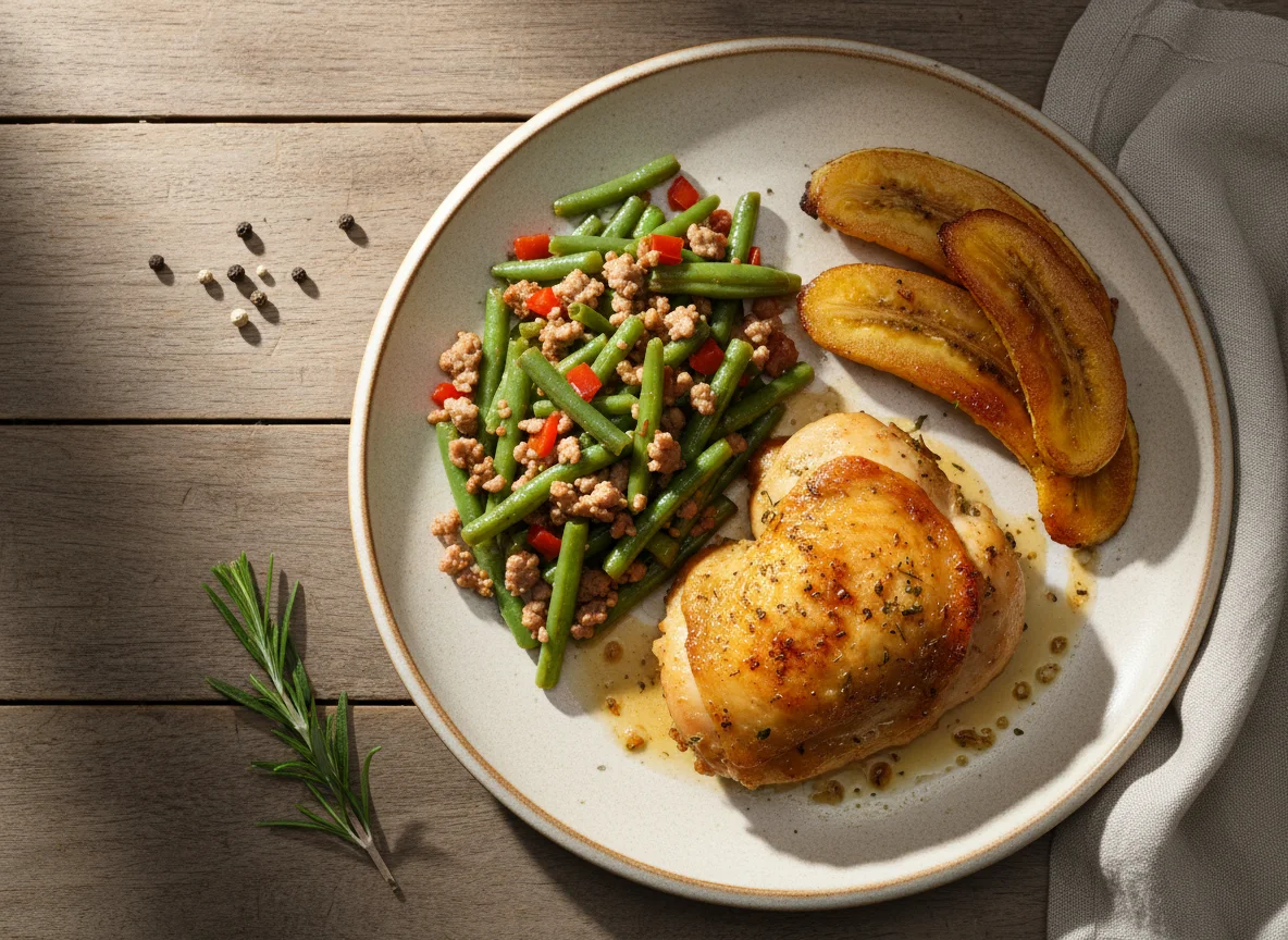Roasted Chicken with Ginisang Baguio Beans and Fried Saba Banana photo