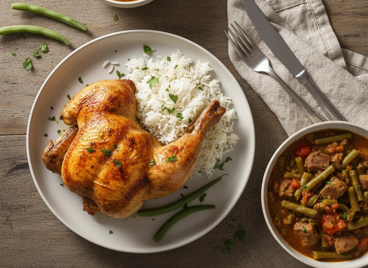 Roasted Chicken with Green Bean Stew and Rice photo
