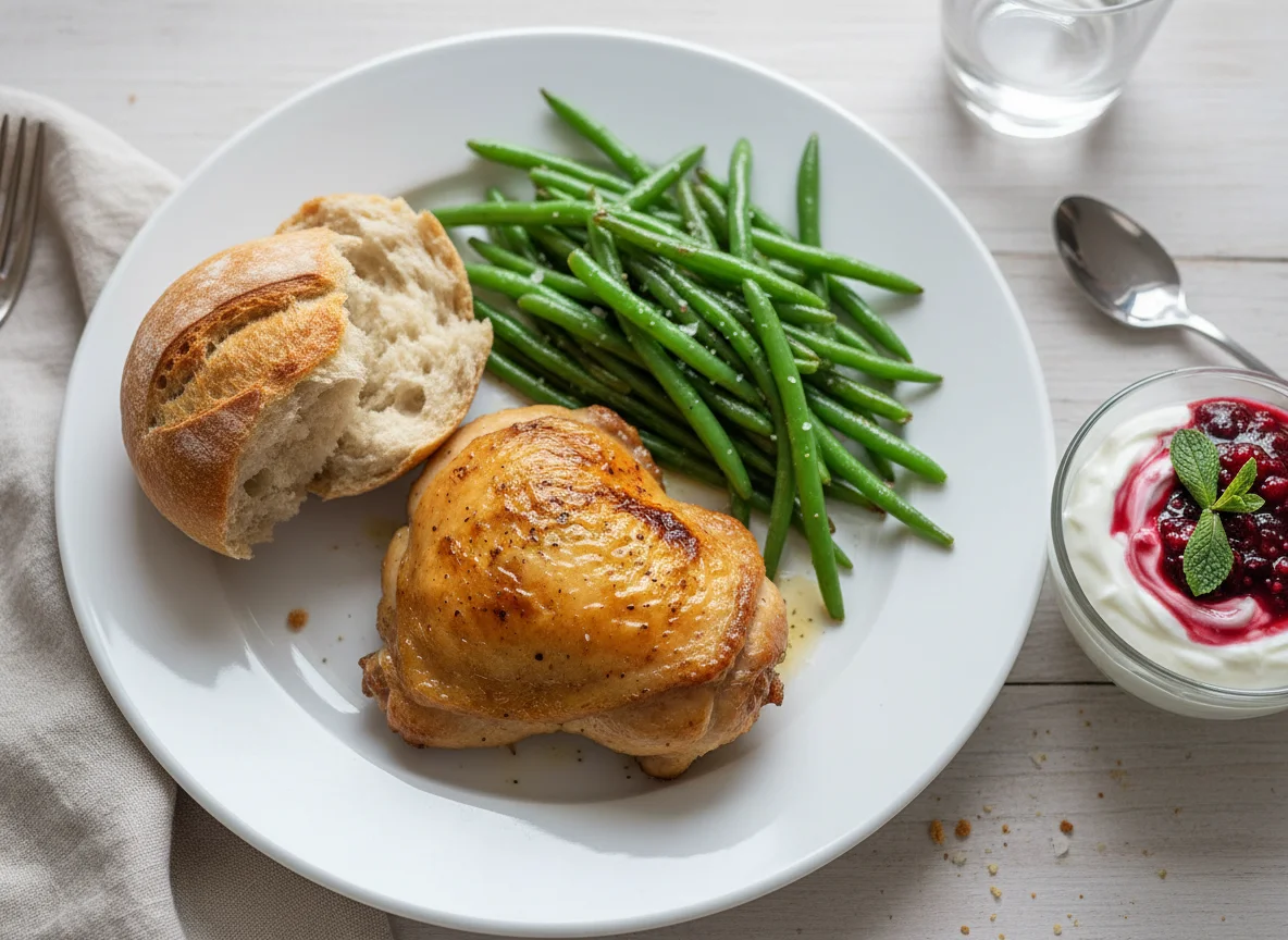 Roasted Chicken with Green Beans, Bread Roll, and Yogurt Dessert photo