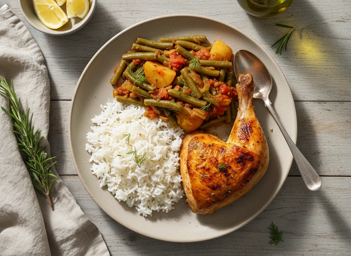 Roasted Chicken with Green Beans Stew and Rice photo