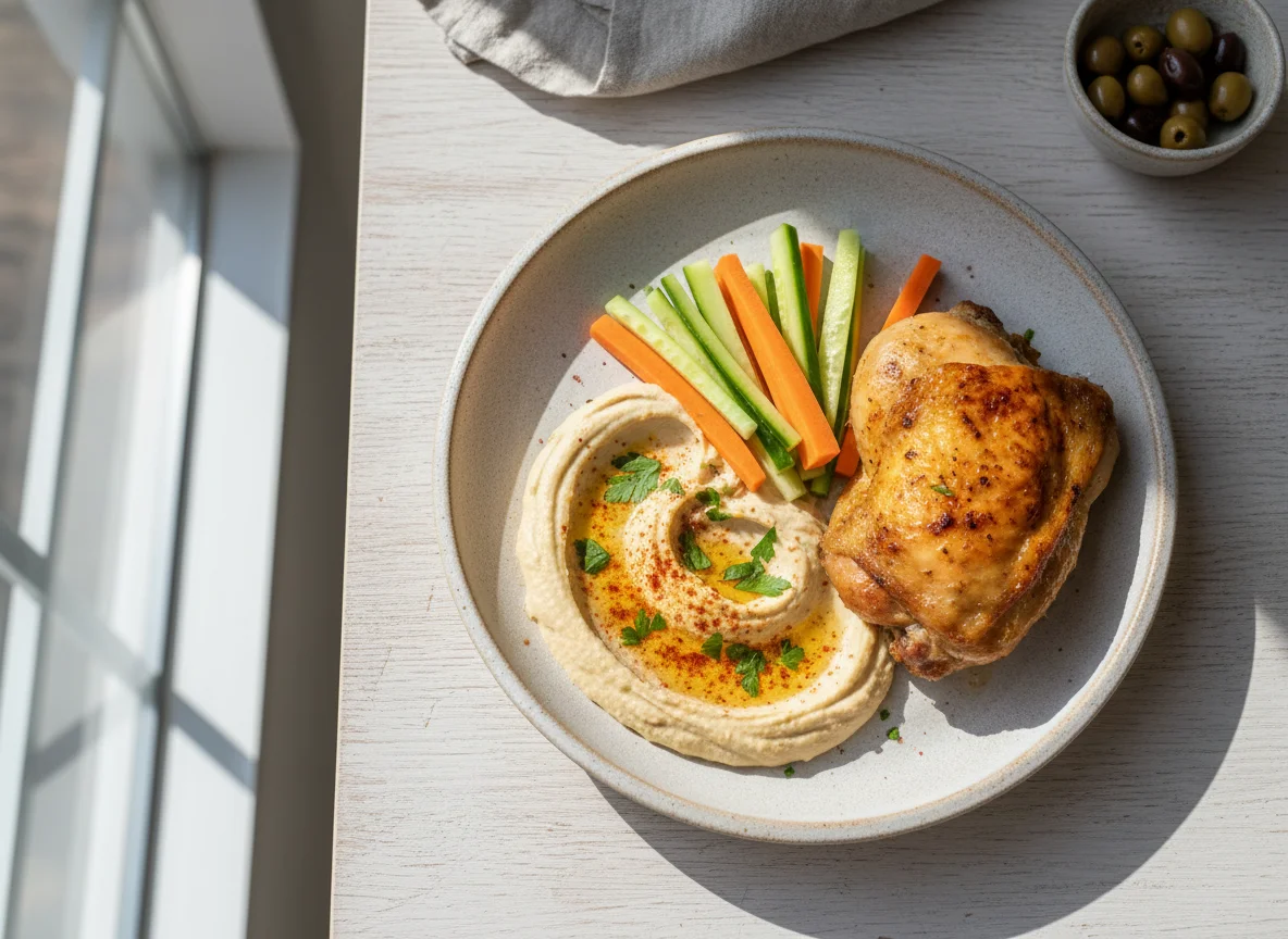 Roasted Chicken with Hummus and Vegetable Sticks photo
