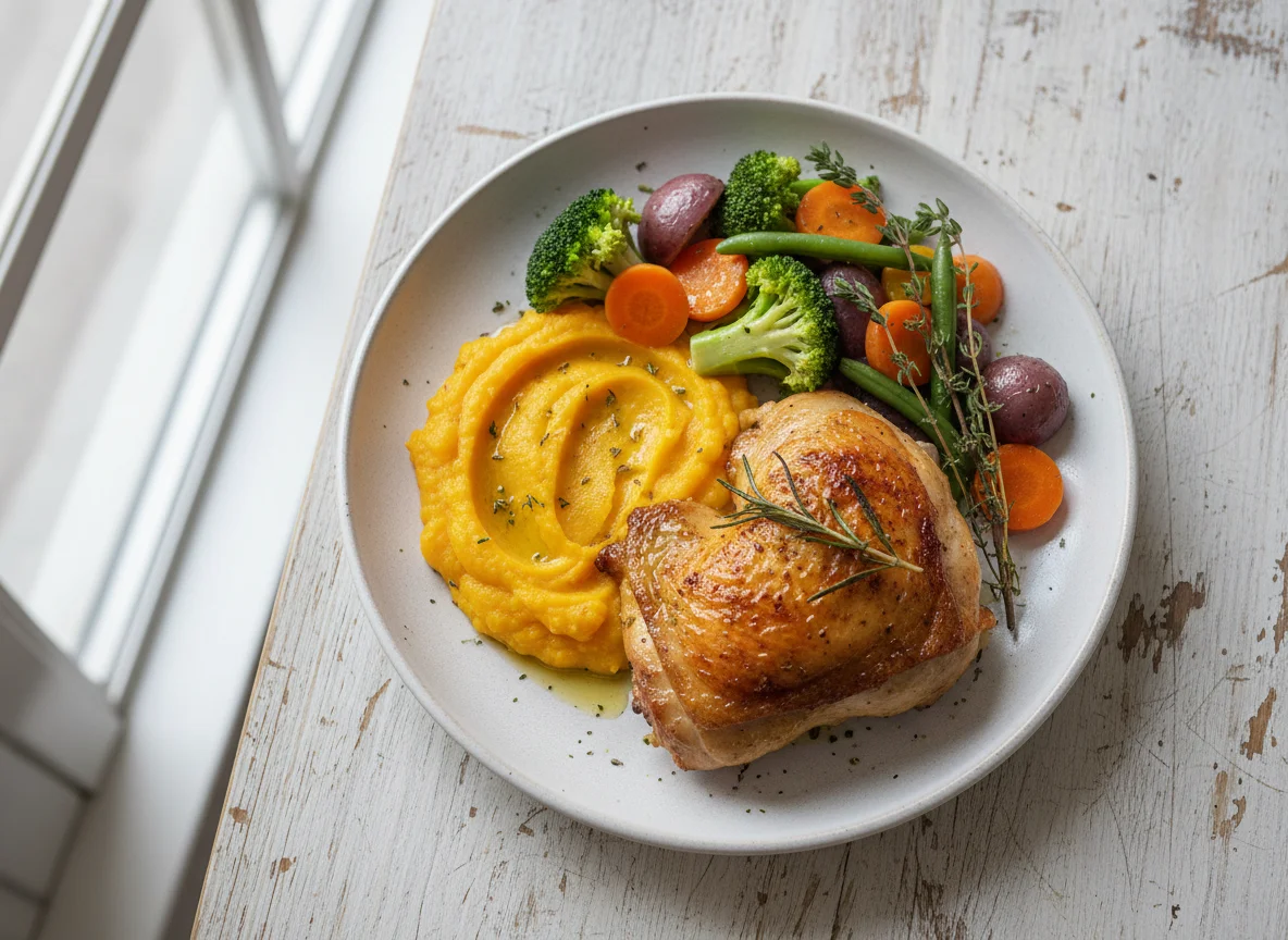 Roasted Chicken with Mashed Butternut and Mixed Vegetables photo