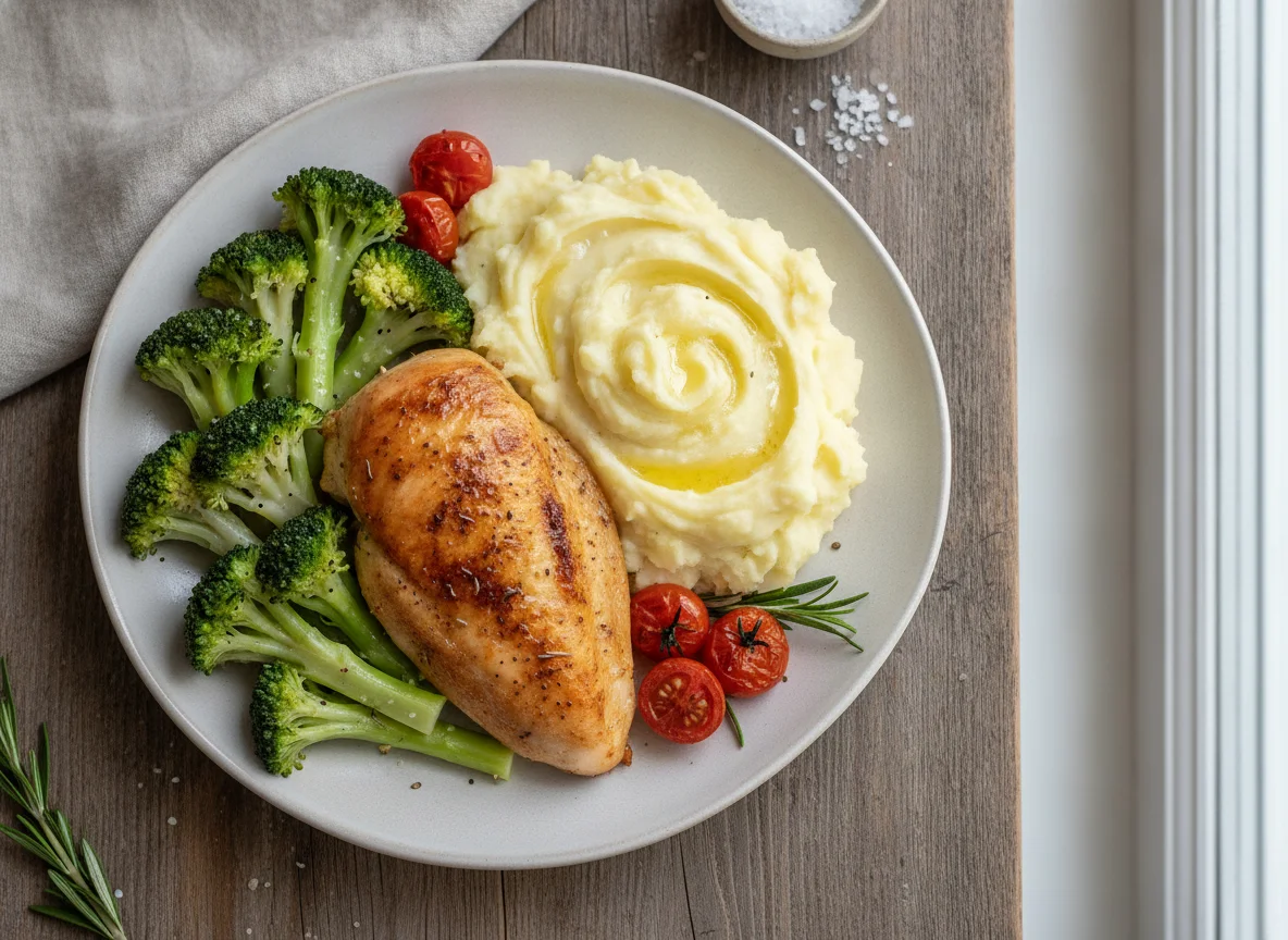 Roasted chicken with mashed potatoes and broccoli photo
