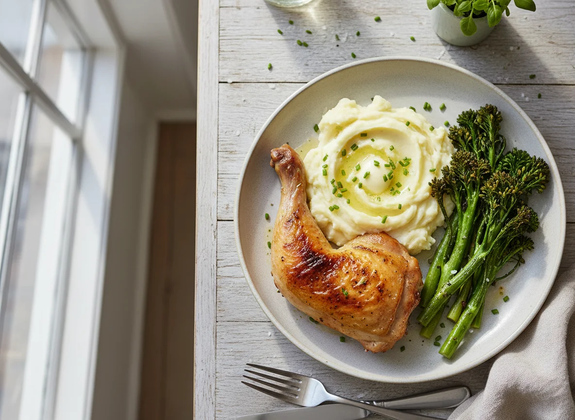 Roasted Chicken with Mashed Potatoes and Broccolini photo