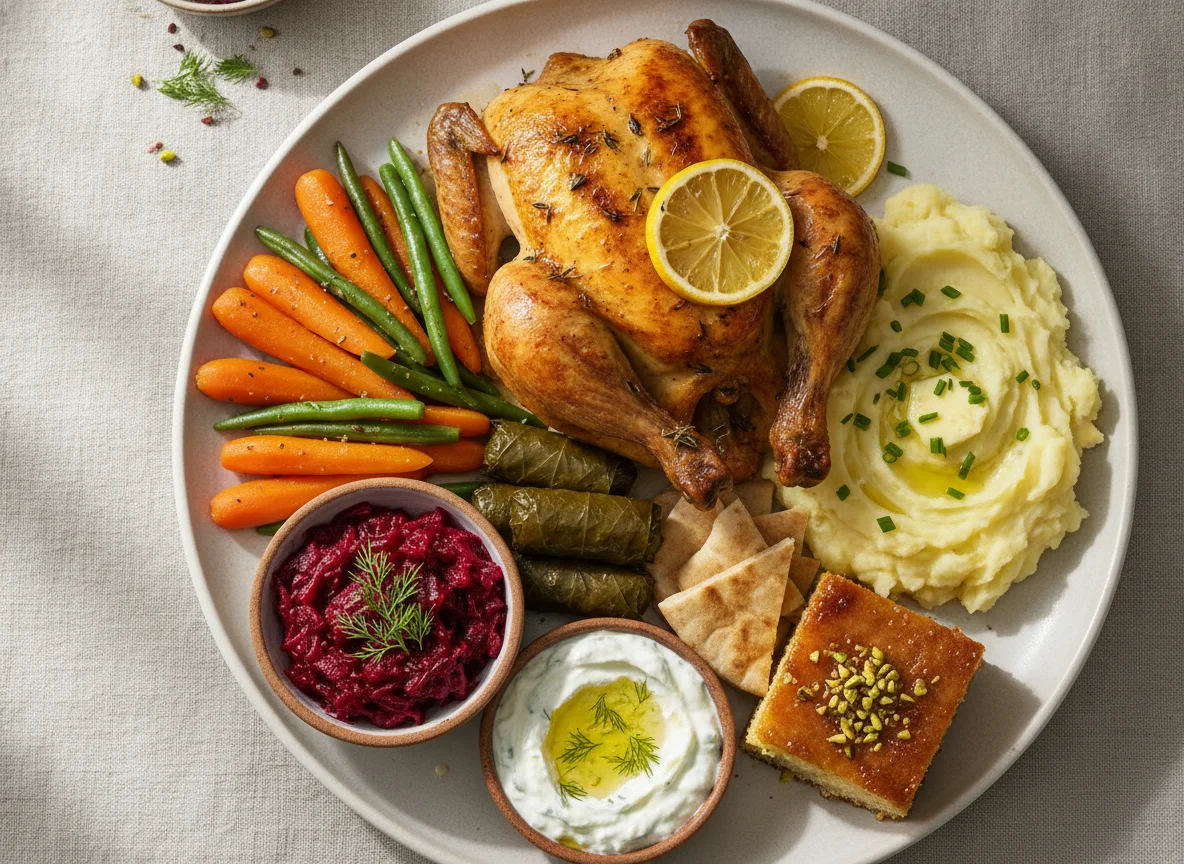 Roasted chicken with mashed potatoes, steamed vegetables, and Greek appetizers photo