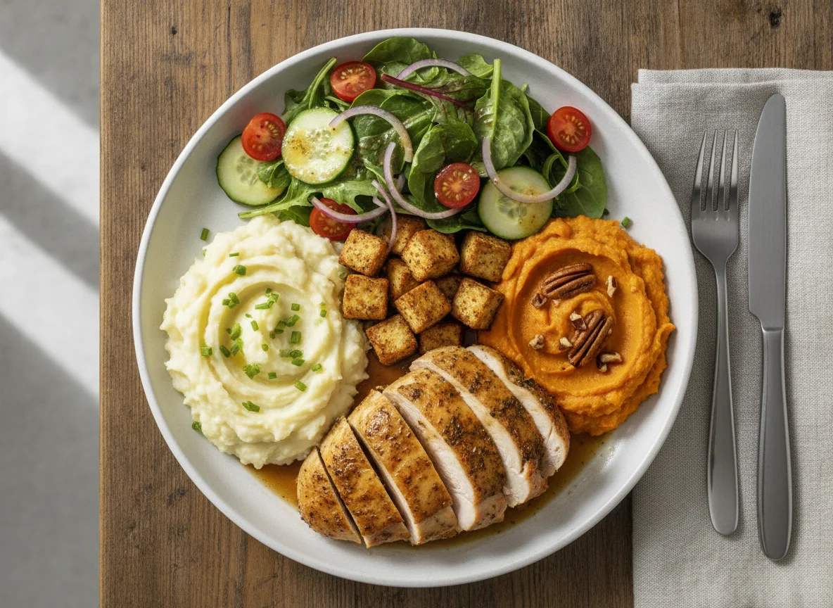 Roasted Chicken with Mashed Potatoes, Sweet Potato Mash, and Garden Salad photo