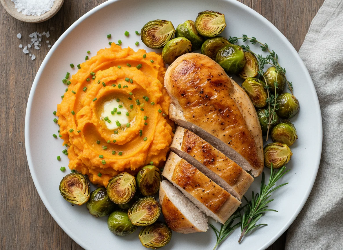 Roasted Chicken with Mashed Sweet Potato and Brussels Sprout photo