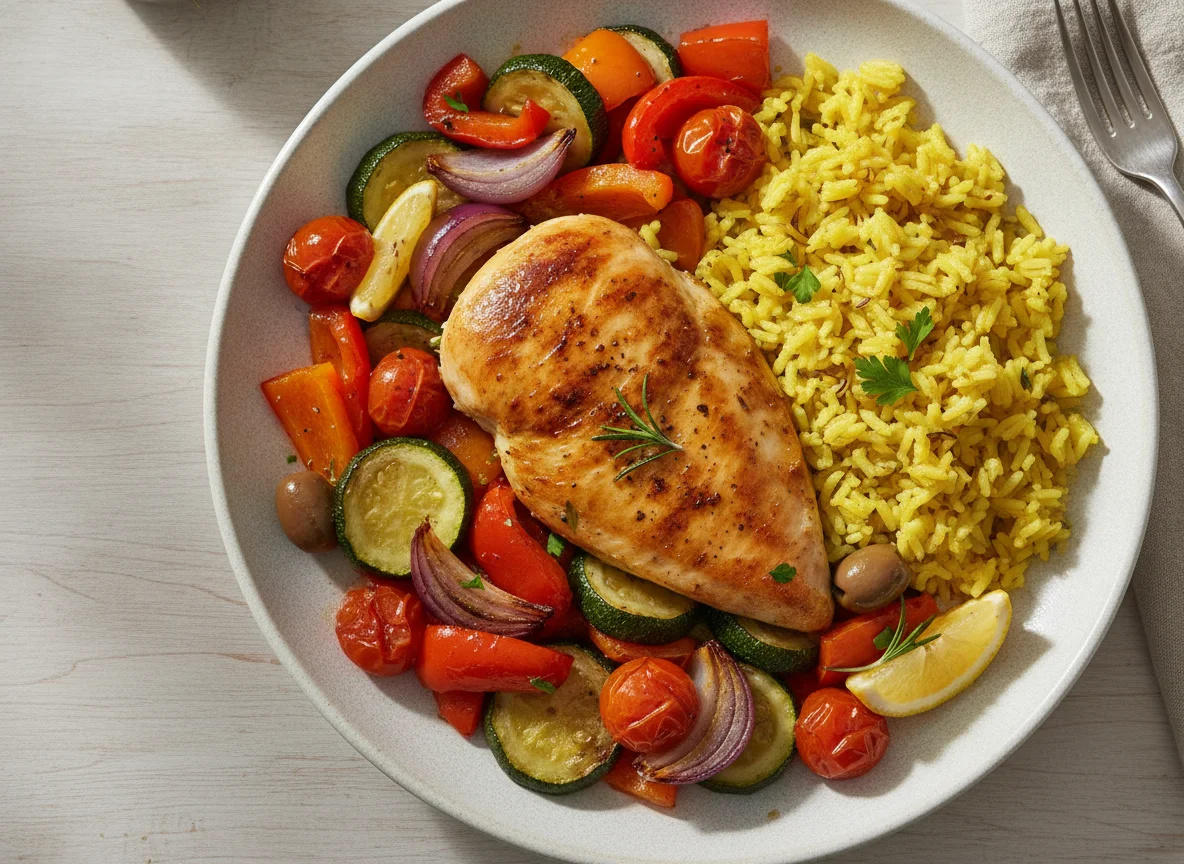 Roasted Chicken with Mediterranean Vegetables and Rice photo
