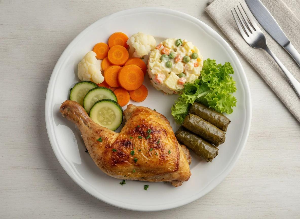 Roasted chicken with mixed vegetables and salad photo