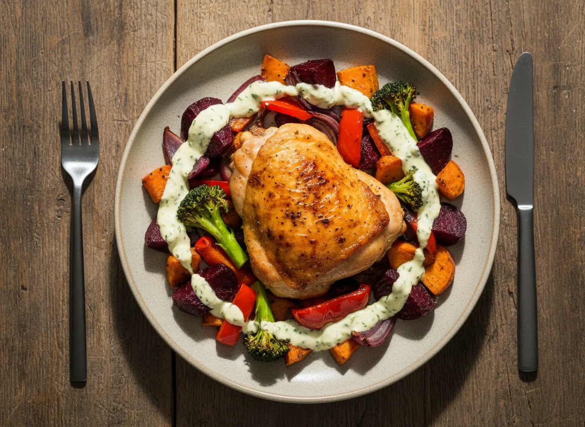 Roasted Chicken with Mixed Vegetables, Beetroot and Sauce photo