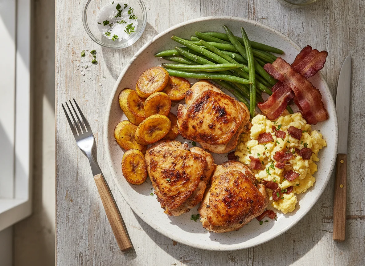 Roasted chicken with plantain and green beans with egg photo