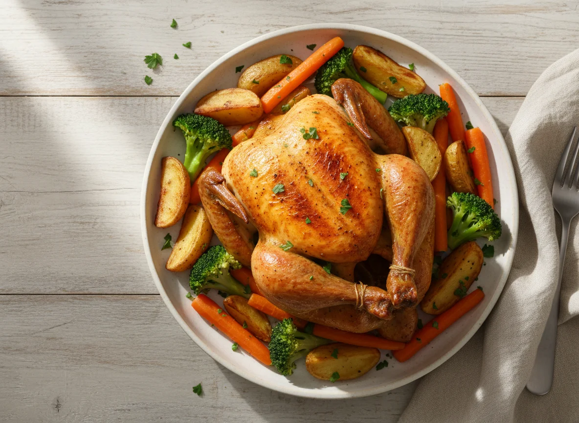 Roasted Chicken with Potatoes and Broccoli photo