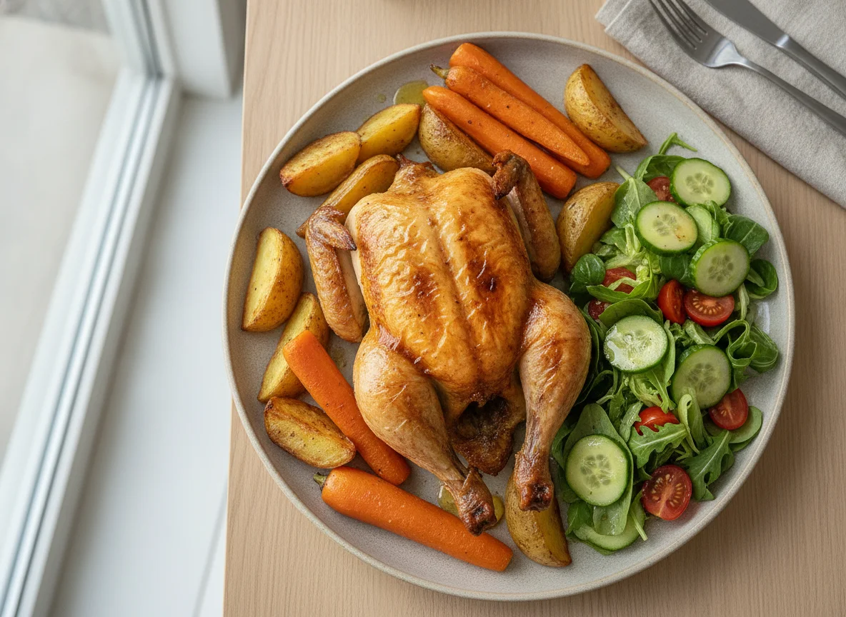 Roasted Chicken with Potatoes and Fresh Salad photo