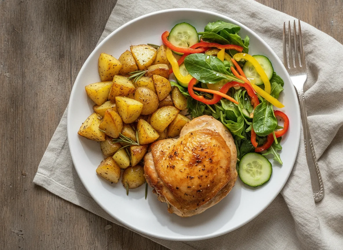 Roasted Chicken with Potatoes and Garden Salad photo