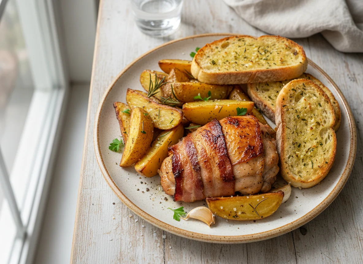 Roasted Chicken with Potatoes and Garlic Bread photo