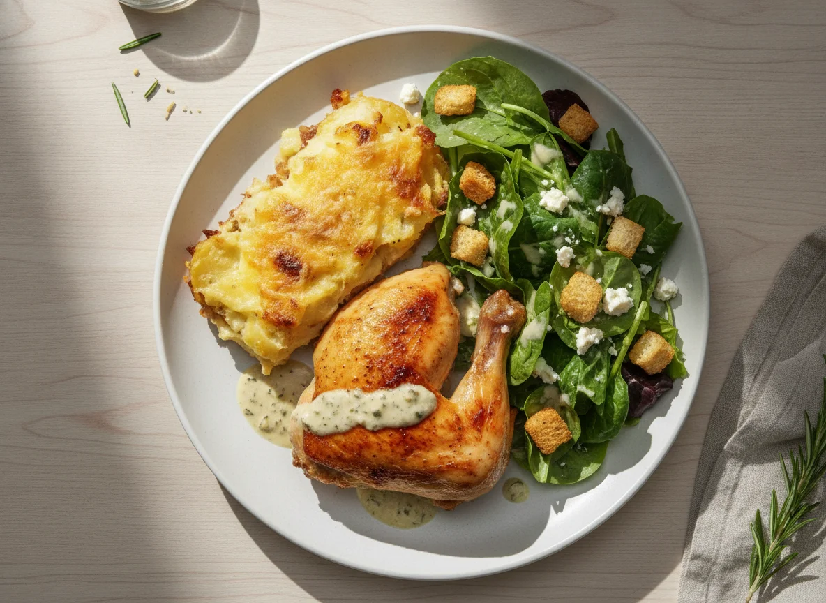 Roasted Chicken with Potatoes and Mixed Green Salad photo