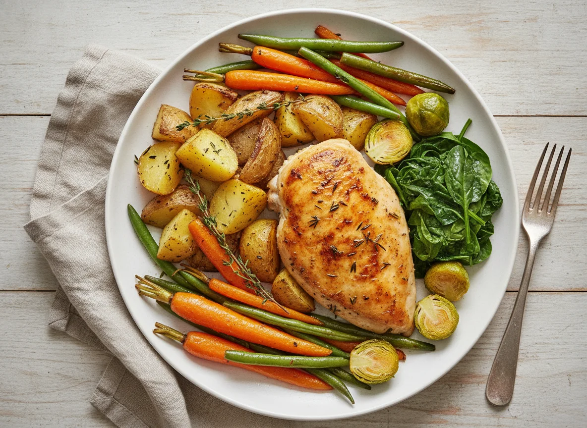 Roasted chicken with potatoes and mixed vegetables photo