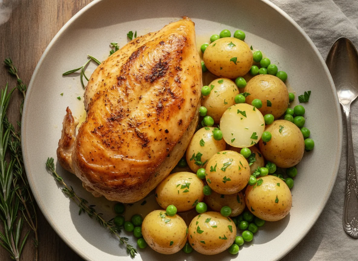 Roasted Chicken with Potatoes and Peas photo