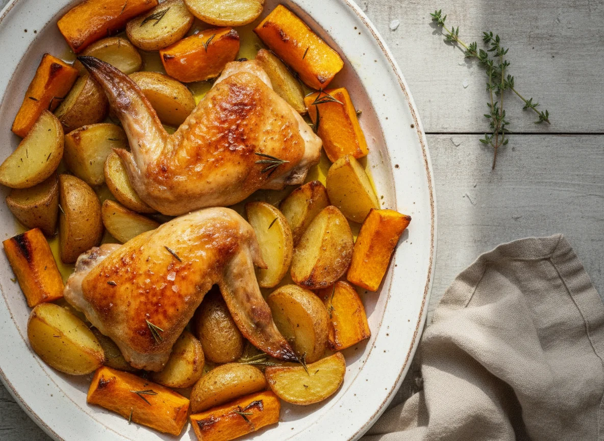 Roasted chicken with potatoes and pumpkin photo