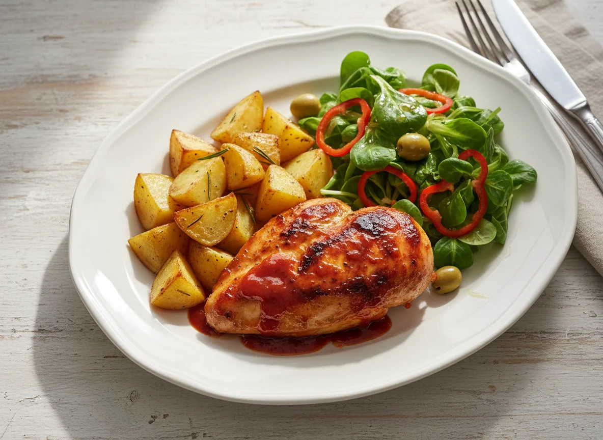 Roasted Chicken with Potatoes and Salad photo