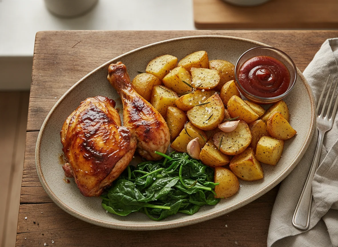 Roasted chicken with potatoes and spinach photo