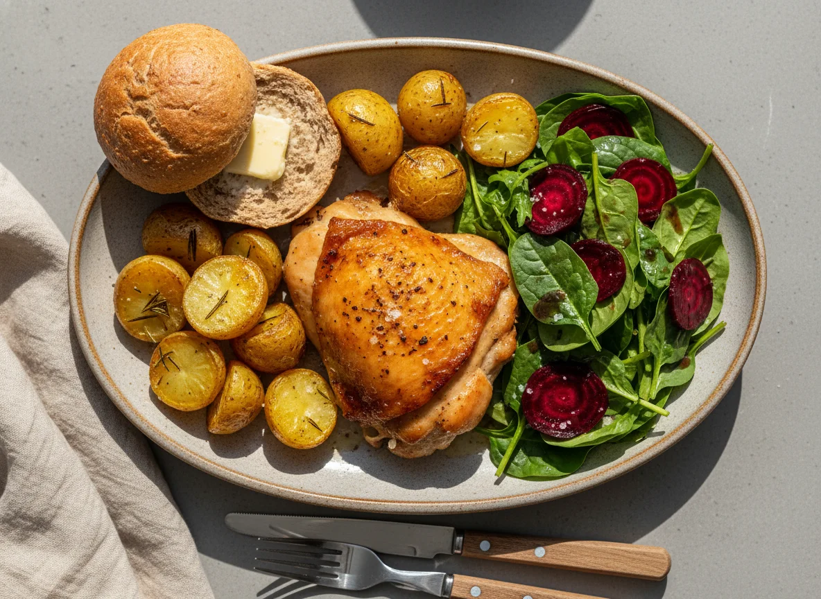 Roasted Chicken with Potatoes, Beetroot, and Spinach Salad photo