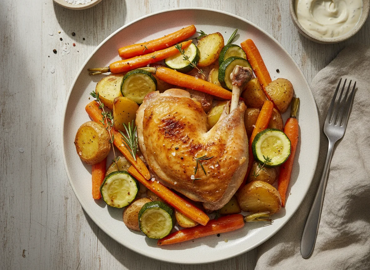 Roasted chicken with potatoes, carrots and zucchini photo