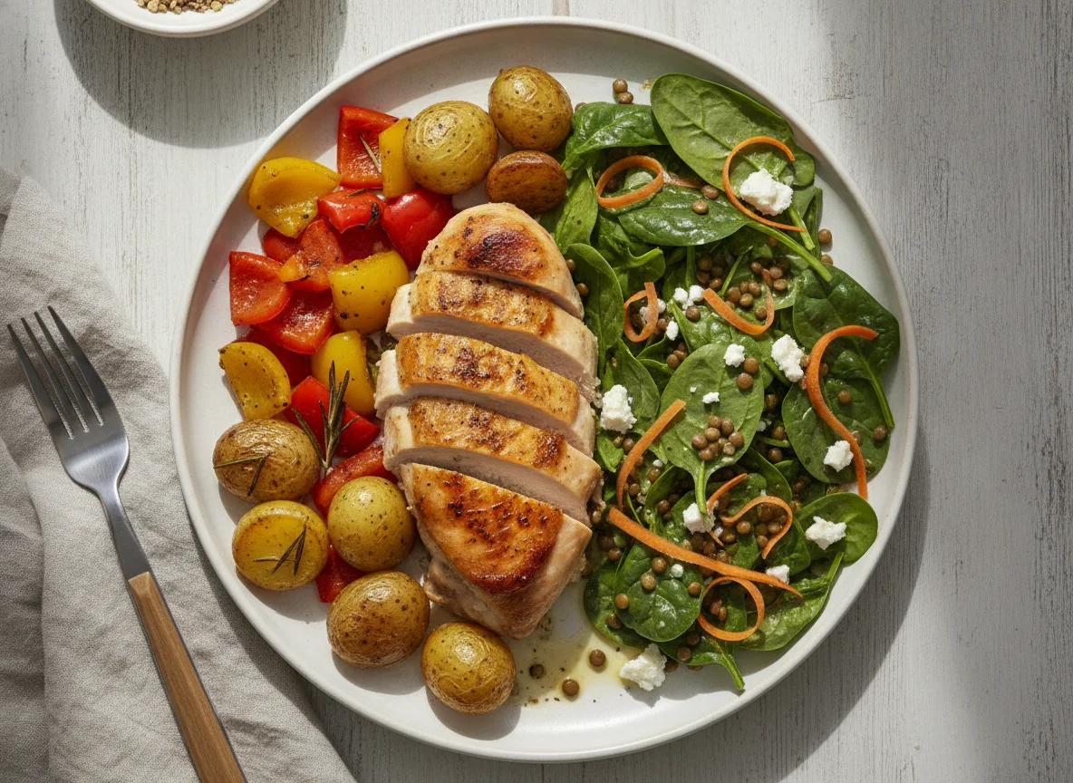 Roasted chicken with potatoes, peppers and lentil spinach salad photo