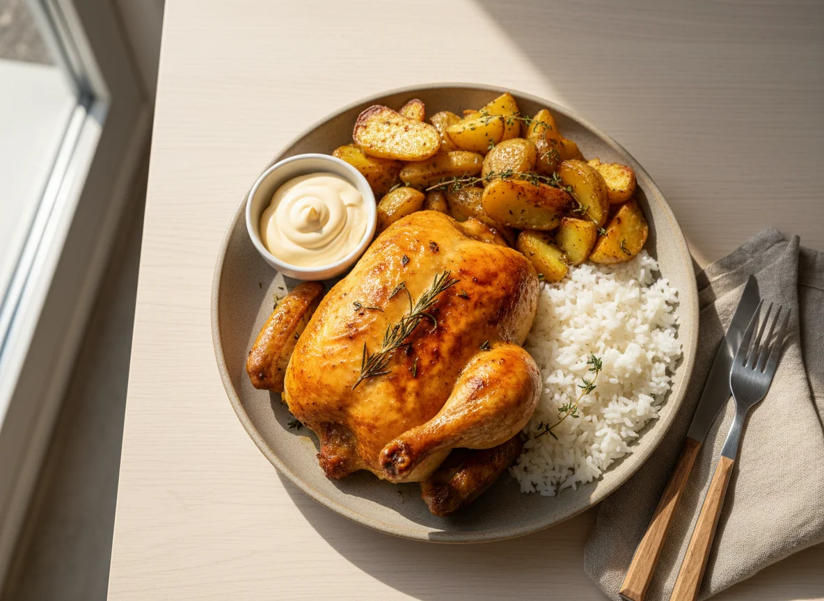 Roasted Chicken with Potatoes, Rice, and Mayonnaise photo